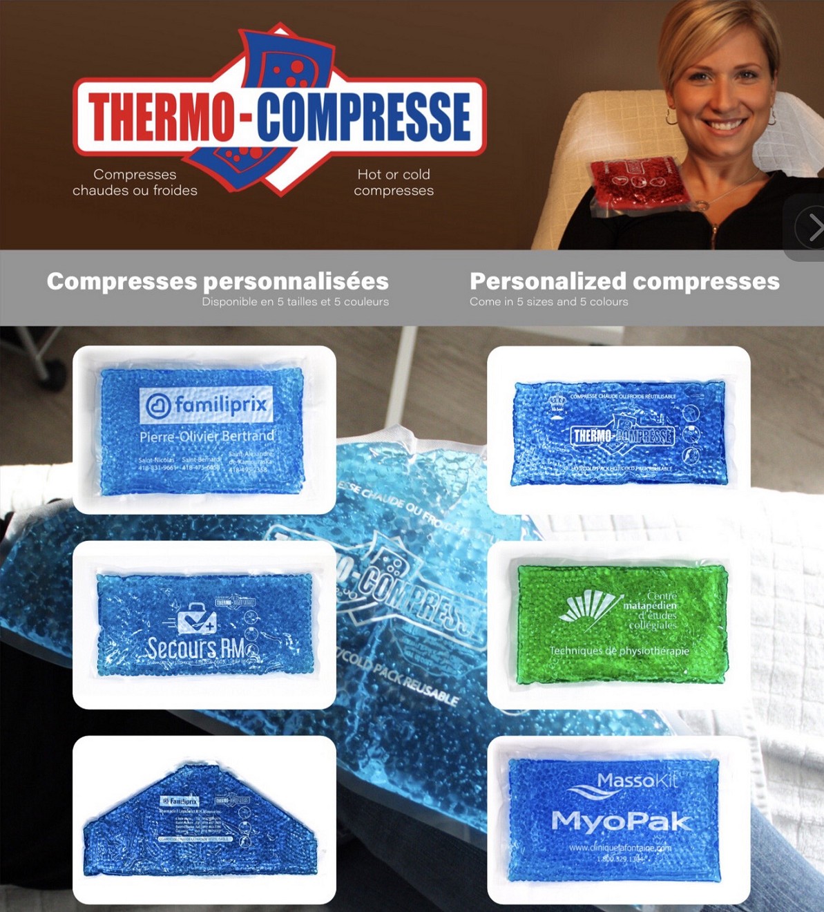 Compresses personnalisées Disponibles en 7 tailles et 5 couleurs.
